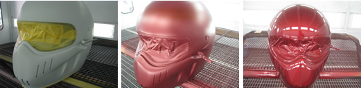 シンプソンのヘルメットを特注色（赤）に塗装